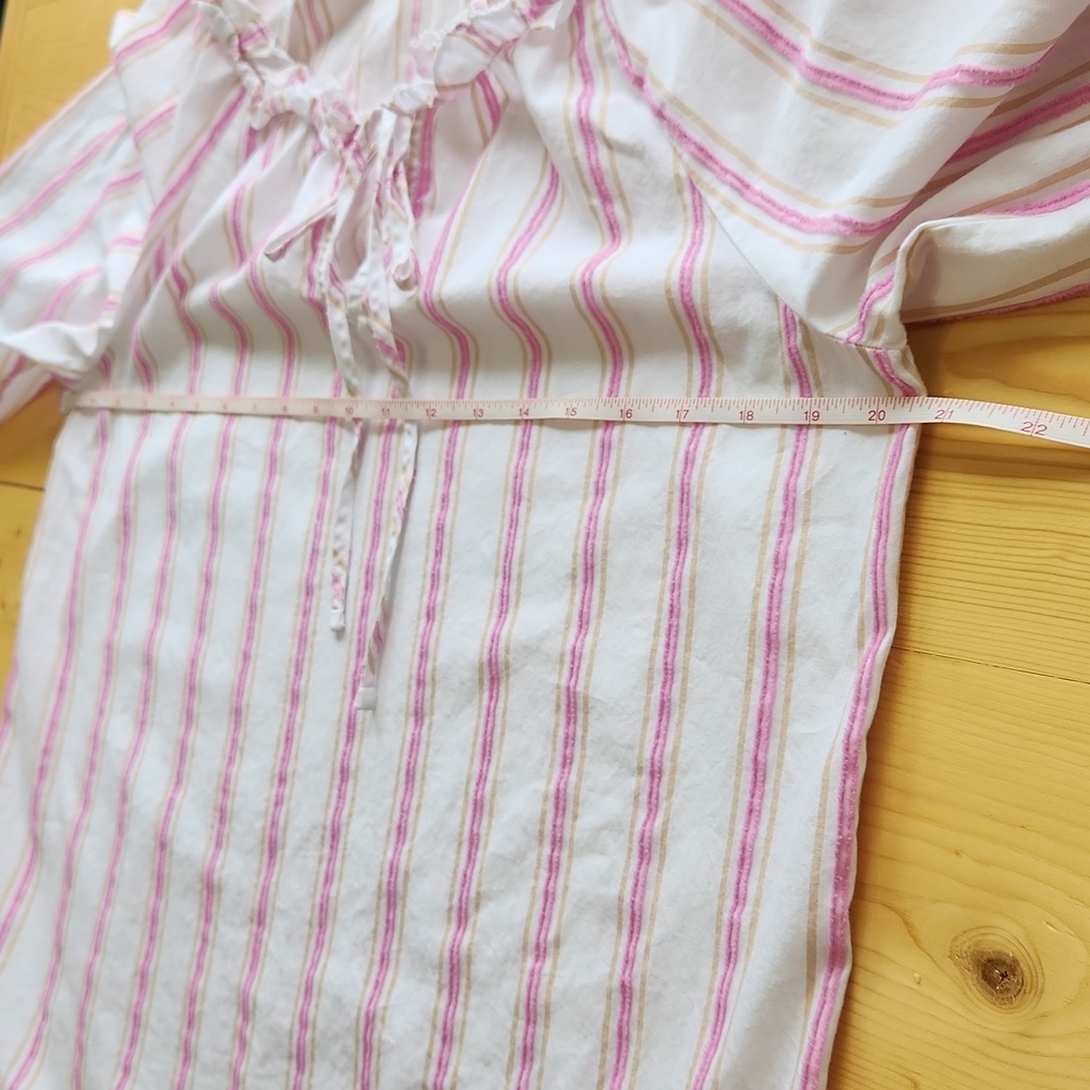 J. Crew Ruffle Neck Tie-Front Striped Blouse Cotton Popover Pink Tan Small - Picture 10 of 13